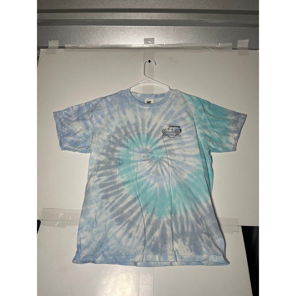 Surf Style Panama City Beach Florida Tie Dye Graphic T-Shirt Blue White Large